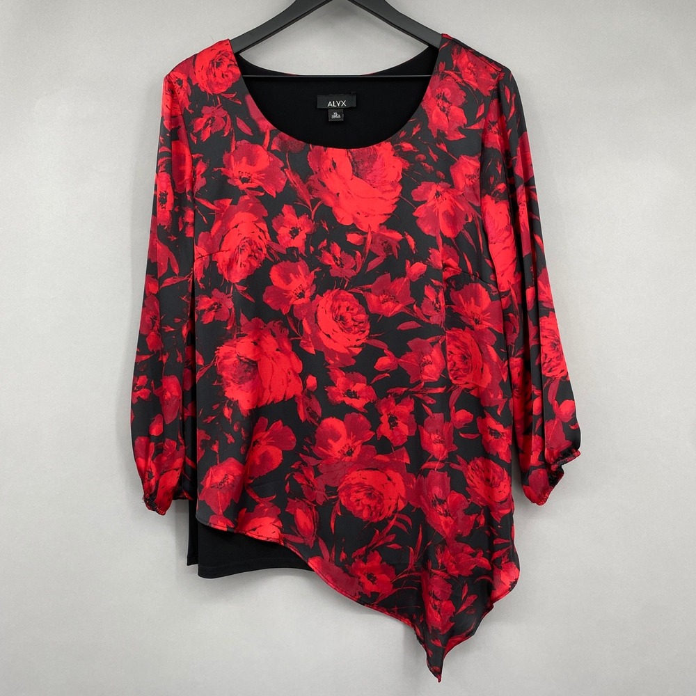 ALYX Floral Layered Asymmetric Blouse Women XL Red Black Long Sleeve Top Rose